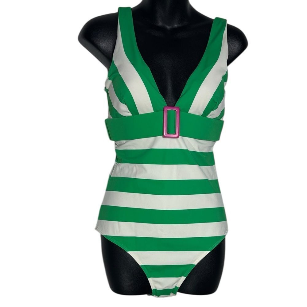 Boden Green and White Striped One-Piece Swimsuit with Pink Buckle
